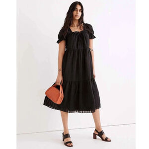 Madewell Dress Womens Medium Black Tiered Midi Square Neck Puff Sleeve